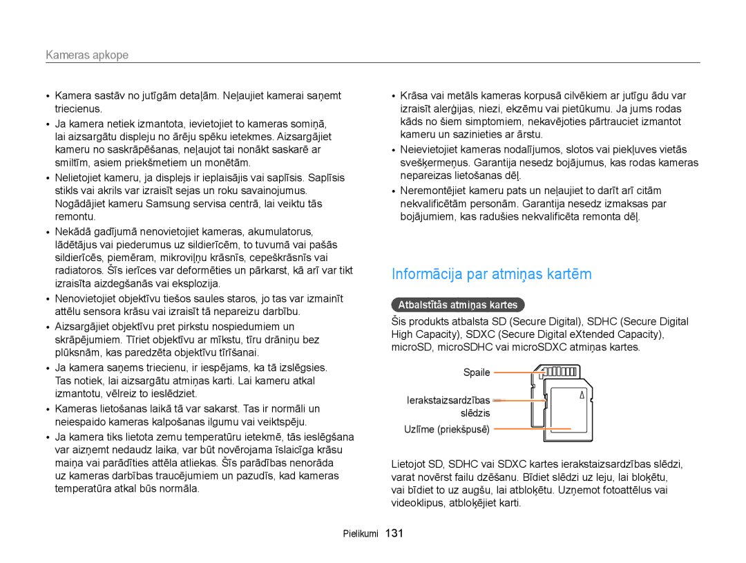 Samsung EC-WB150FBPRE2, EC-WB150FBPWE2, EC-WB150FBPBE2 manual Informācija par atmiņas kartēm, Atbalstītās atmiņas kartes 