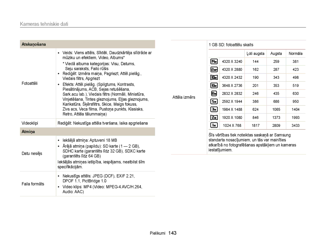 Samsung EC-WB150FBDWE2, EC-WB150FBPWE2, EC-WB150FBPBE2, EC-WB150FBPRE2, EC-WB150FBDBE2 manual Atskaņošana, Atmiņa 