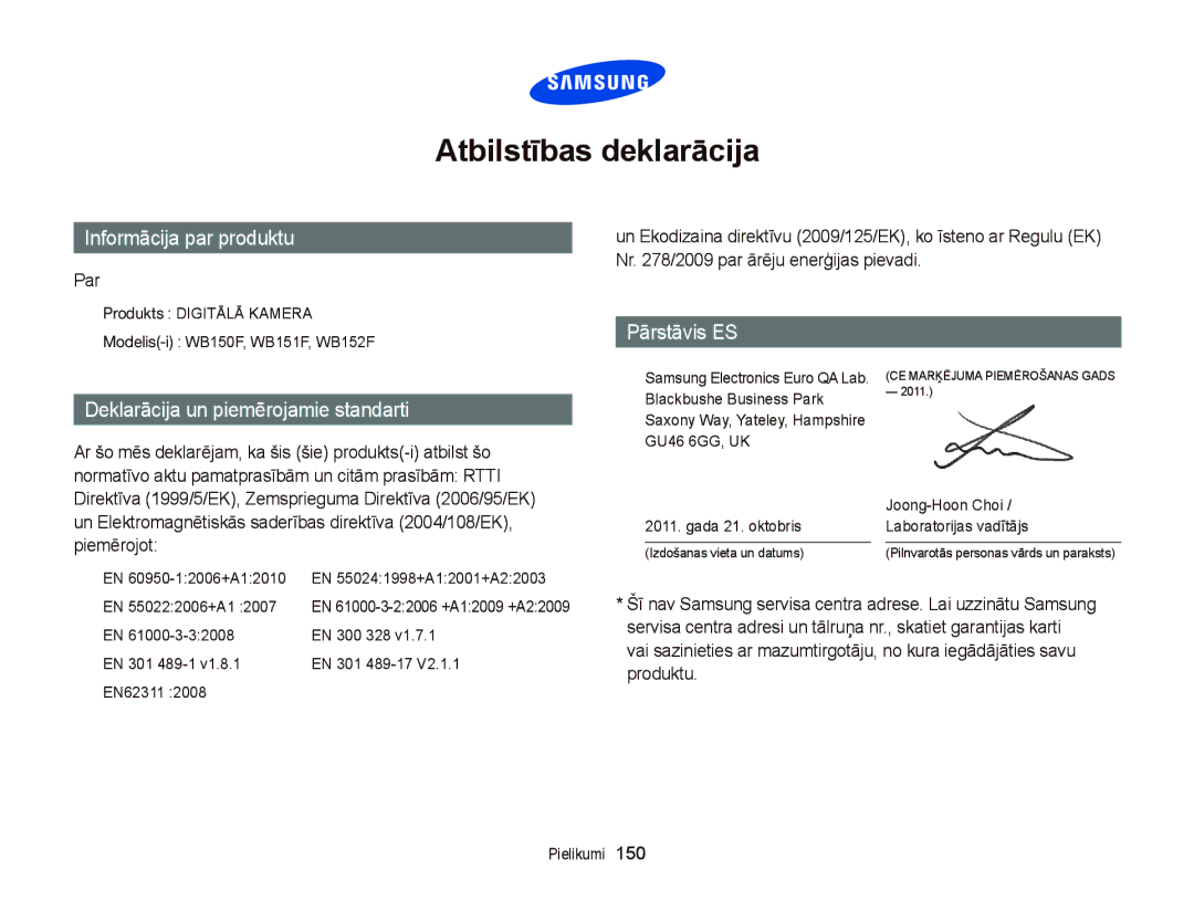 Samsung EC-WB150FBPBE2, EC-WB150FBPWE2, EC-WB150FBPRE2, EC-WB150FBDBE2, EC-WB150FBDWE2 manual Atbilstības deklarācija 