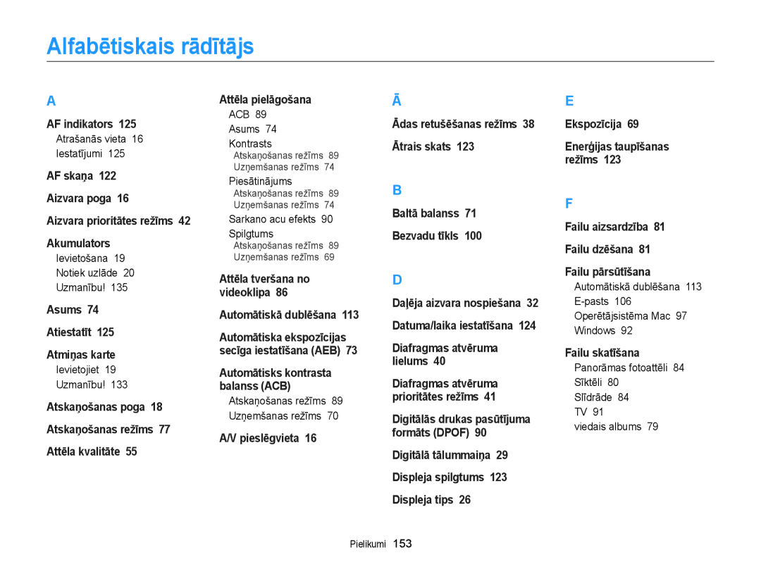 Samsung EC-WB150FBDWE2, EC-WB150FBPWE2, EC-WB150FBPBE2, EC-WB150FBPRE2, EC-WB150FBDBE2 manual Alfabētiskais rādītājs 