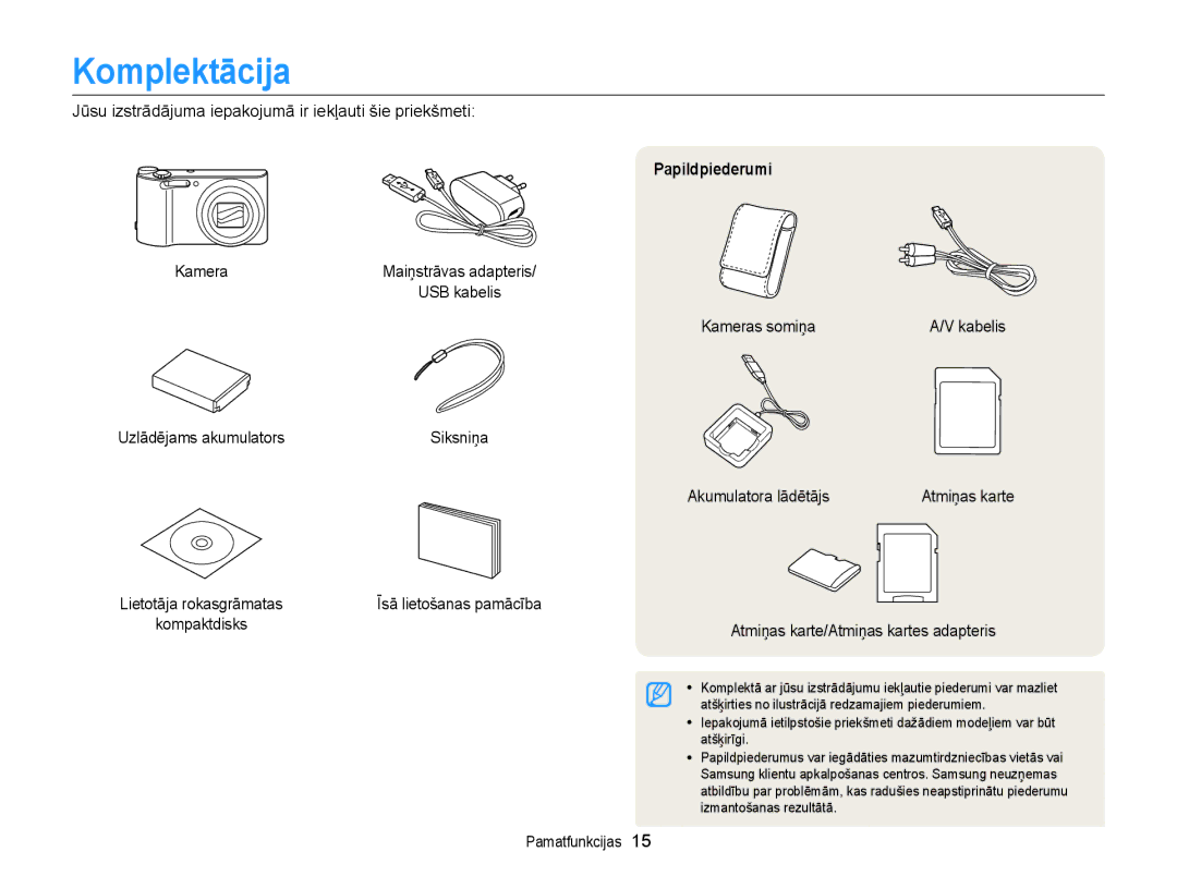 Samsung EC-WB150FBPBE2, EC-WB150FBPWE2, EC-WB150FBPRE2, EC-WB150FBDBE2, EC-WB150FBDWE2 manual Komplektācija, Papildpiederumi 