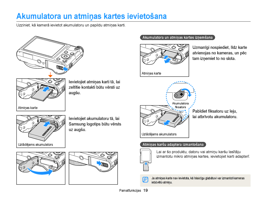 Samsung EC-WB150FBPWE2, EC-WB150FBPBE2 Akumulatora un atmiņas kartes ievietošana, Akumulatora un atmiņas kartes izņemšana 