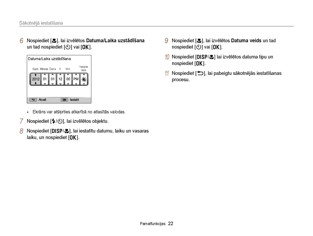 Samsung EC-WB150FBDBE2 manual Sākotnējā iestatīšana, Nospiediet F/t, lai izvēlētos objektu, Laiku, un nospiediet o 