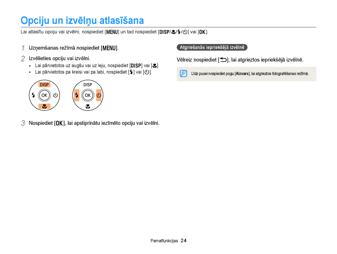 Samsung EC-WB150FBPWE2 manual Opciju un izvēlņu atlasīšana, Vēlreiz nospiediet b, lai atgrieztos iepriekšējā izvēlnē 