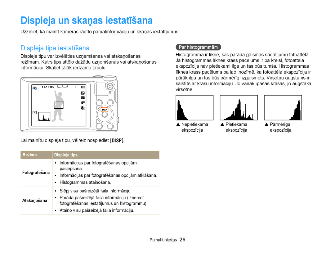 Samsung EC-WB150FBPRE2, EC-WB150FBPWE2 manual Displeja un skaņas iestatīšana, Displeja tipa iestatīšana, Par histogrammām 