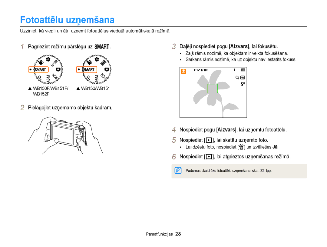 Samsung EC-WB150FBDWE2, EC-WB150FBPWE2, EC-WB150FBPBE2 manual Fotoattēlu uzņemšana, Pielāgojiet uzņemamo objektu kadram 