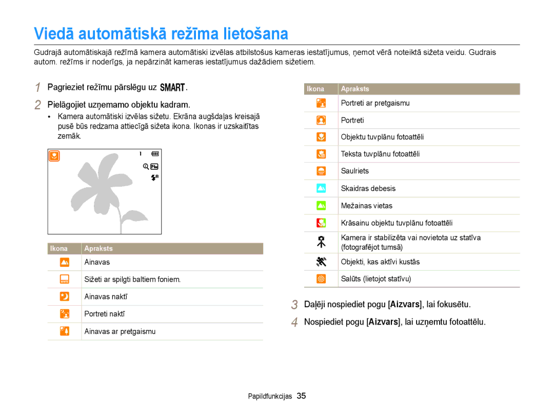 Samsung EC-WB150FBPBE2, EC-WB150FBPWE2, EC-WB150FBPRE2, EC-WB150FBDBE2, EC-WB150FBDWE2 Viedā automātiskā režīma lietošana 