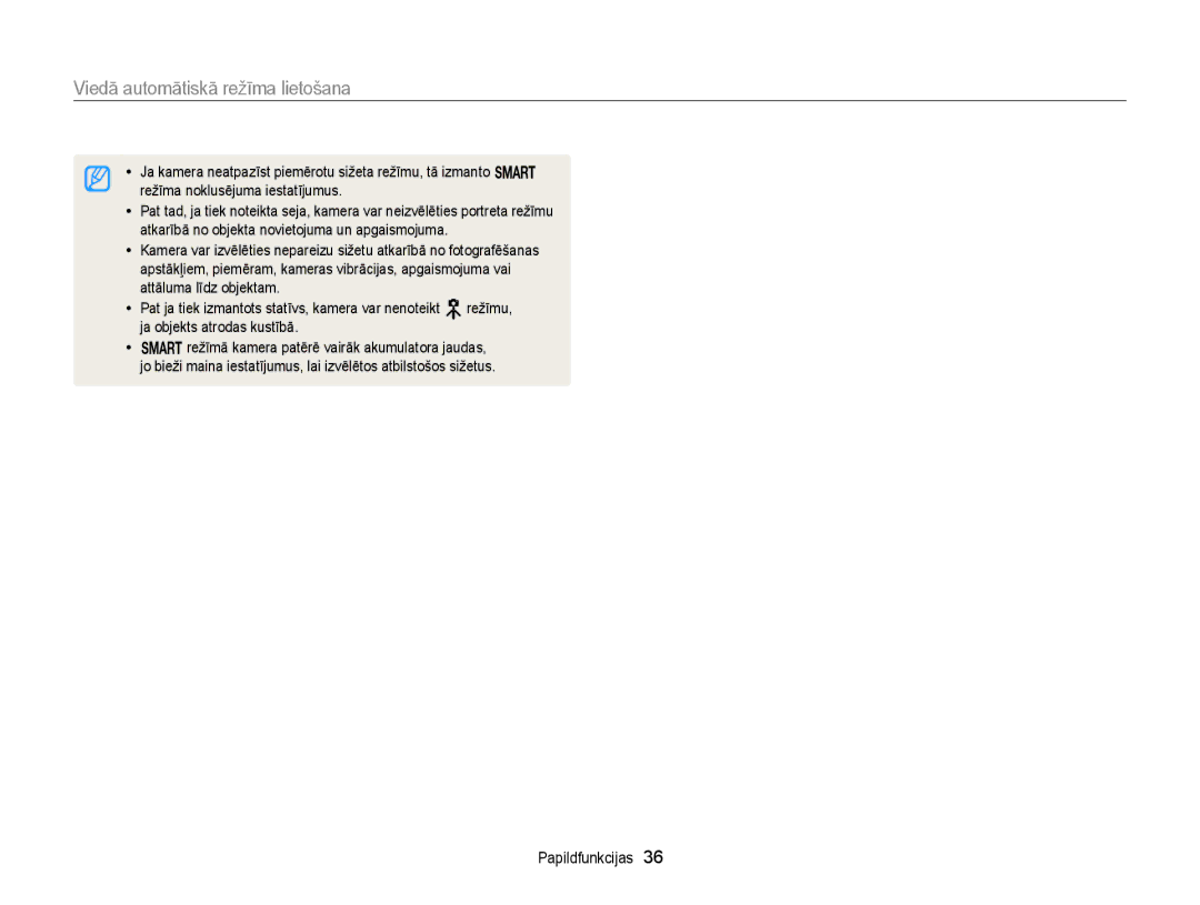 Samsung EC-WB150FBPRE2, EC-WB150FBPWE2, EC-WB150FBPBE2, EC-WB150FBDBE2, EC-WB150FBDWE2 Viedā automātiskā režīma lietošana 