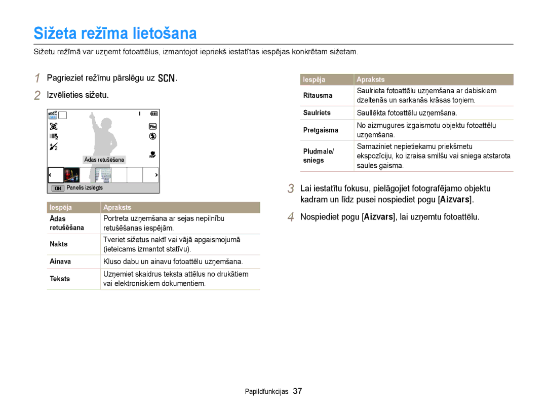 Samsung EC-WB150FBDBE2, EC-WB150FBPWE2 manual Sižeta režīma lietošana, Pagrieziet režīmu pārslēgu uz s Izvēlieties sižetu 