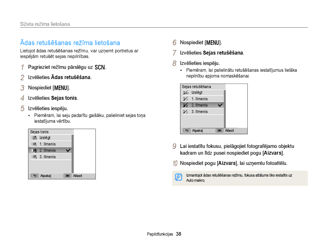 Samsung EC-WB150FBDWE2 manual Ādas retušēšanas režīma lietošana, Sižeta režīma lietošana, Izvēlieties Sejas retušēšana 