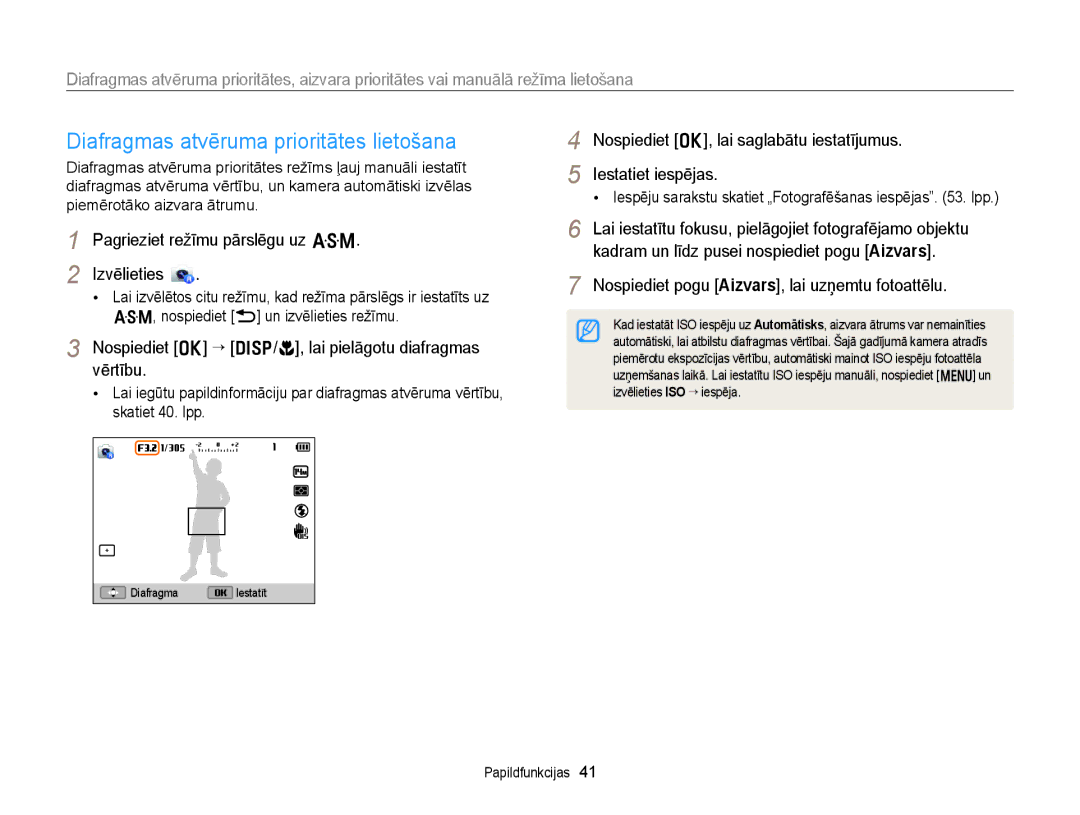 Samsung EC-WB150FBPRE2 manual Diafragmas atvēruma prioritātes lietošana, Pagrieziet režīmu pārslēgu uz G Izvēlieties 