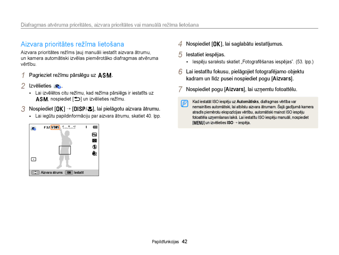 Samsung EC-WB150FBDBE2 manual Aizvara prioritātes režīma lietošana, Nospiediet o “ D/c, lai pielāgotu aizvara ātrumu 