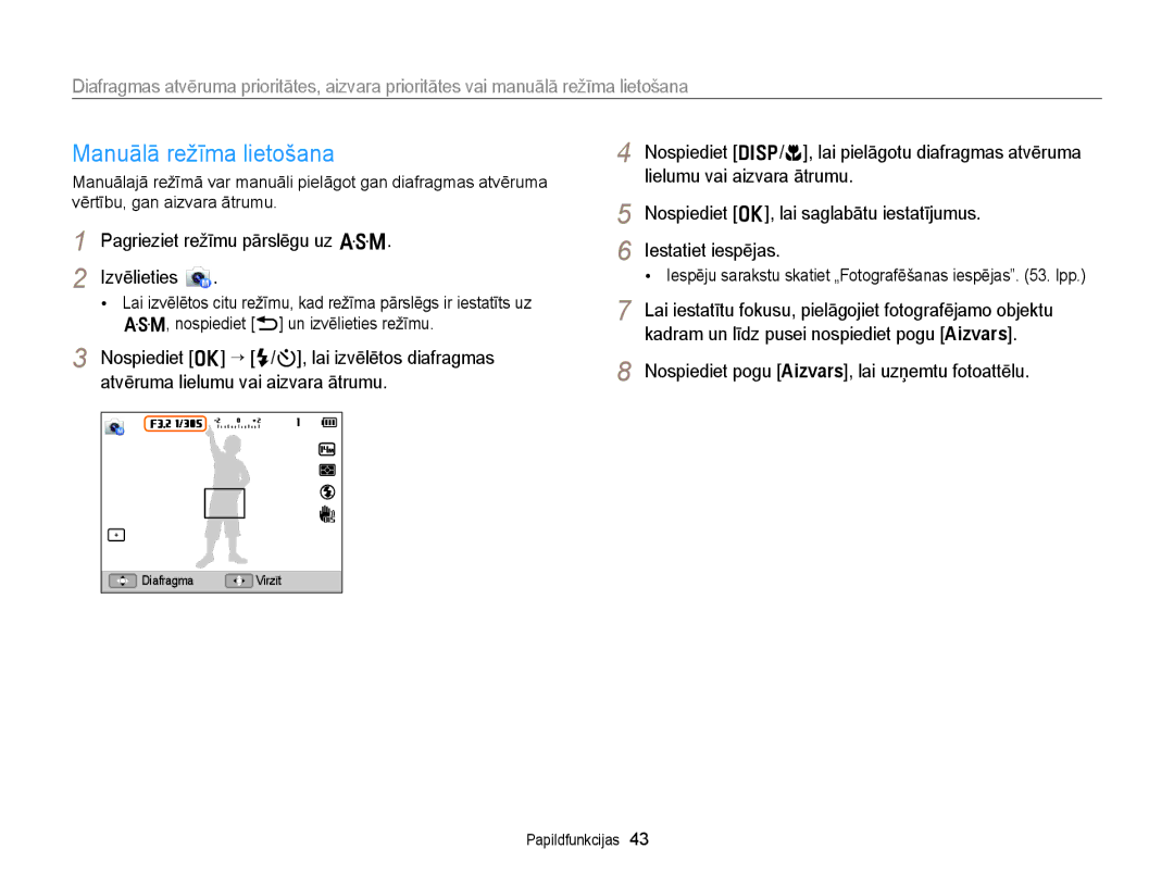 Samsung EC-WB150FBDWE2, EC-WB150FBPWE2, EC-WB150FBPBE2, EC-WB150FBPRE2, EC-WB150FBDBE2 manual Manuālā režīma lietošana 