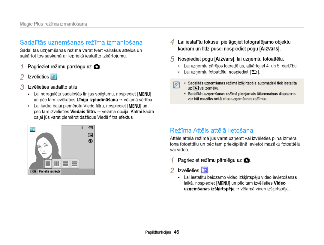 Samsung EC-WB150FBPRE2, EC-WB150FBPWE2 manual Sadalītās uzņemšanas režīma izmantošana, Režīma Attēls attēlā lietošana 