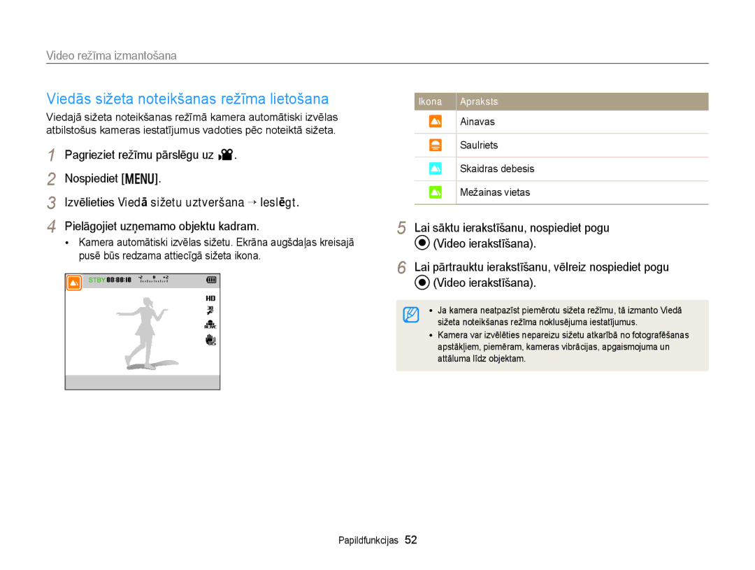 Samsung EC-WB150FBDBE2, EC-WB150FBPWE2, EC-WB150FBPBE2 Viedās sižeta noteikšanas režīma lietošana, Video režīma izmantošana 