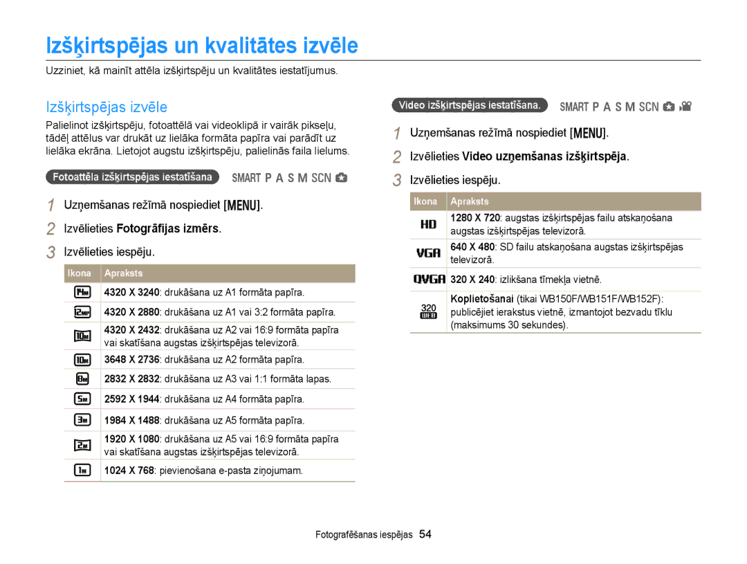 Samsung EC-WB150FBPWE2 manual Izšķirtspējas un kvalitātes izvēle, Izšķirtspējas izvēle, Uzņemšanas režīmā nospiediet m 