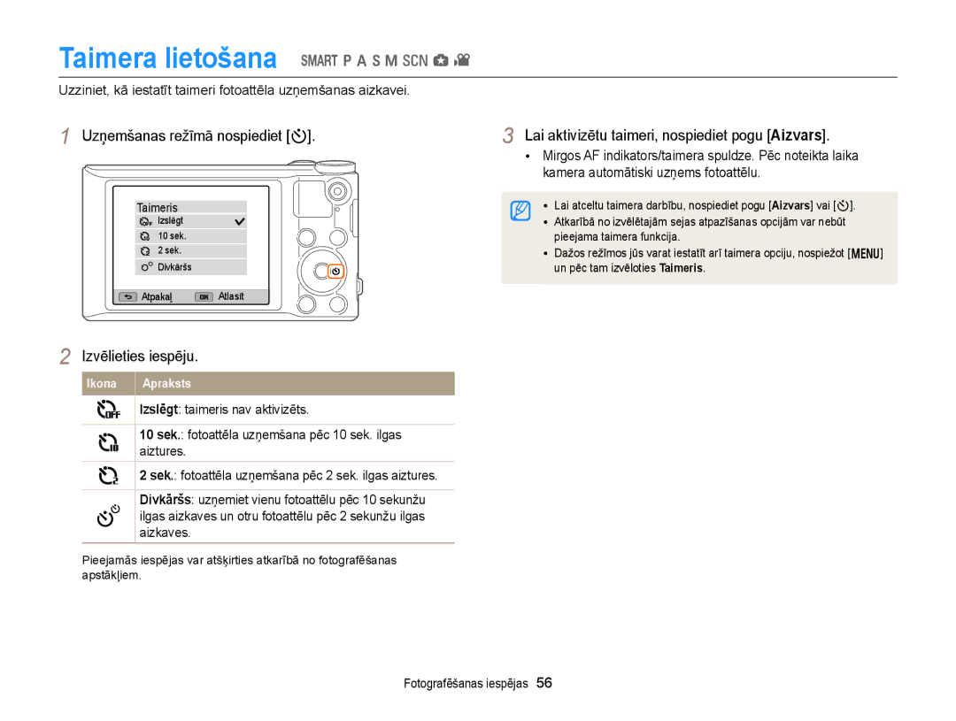 Samsung EC-WB150FBPRE2, EC-WB150FBPWE2, EC-WB150FBPBE2 manual Taimera lietošana T p a h M s g, Uzņemšanas režīmā nospiediet t 