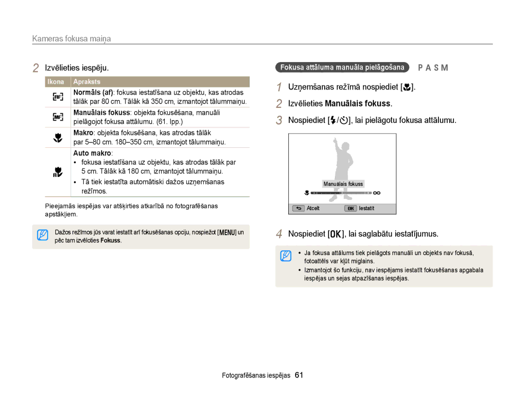 Samsung EC-WB150FBPRE2 Kameras fokusa maiņa, Izvēlieties Manuālais fokuss, Nospiediet F/t, lai pielāgotu fokusa attālumu 