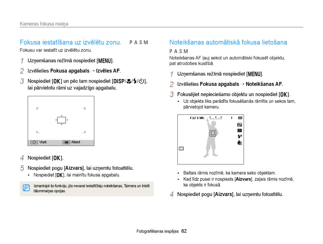 Samsung EC-WB150FBDBE2 manual Fokusa iestatīšana uz izvēlētu zonu. p a h M, Izvēlieties Fokusa apgabals “ Izvēles AF 