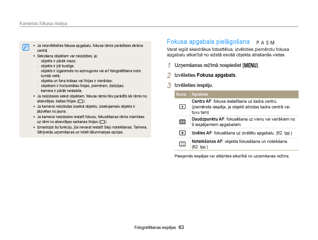 Samsung EC-WB150FBDWE2, EC-WB150FBPWE2, EC-WB150FBPBE2, EC-WB150FBPRE2, EC-WB150FBDBE2 Fokusa apgabala pielāgošana p a h M 