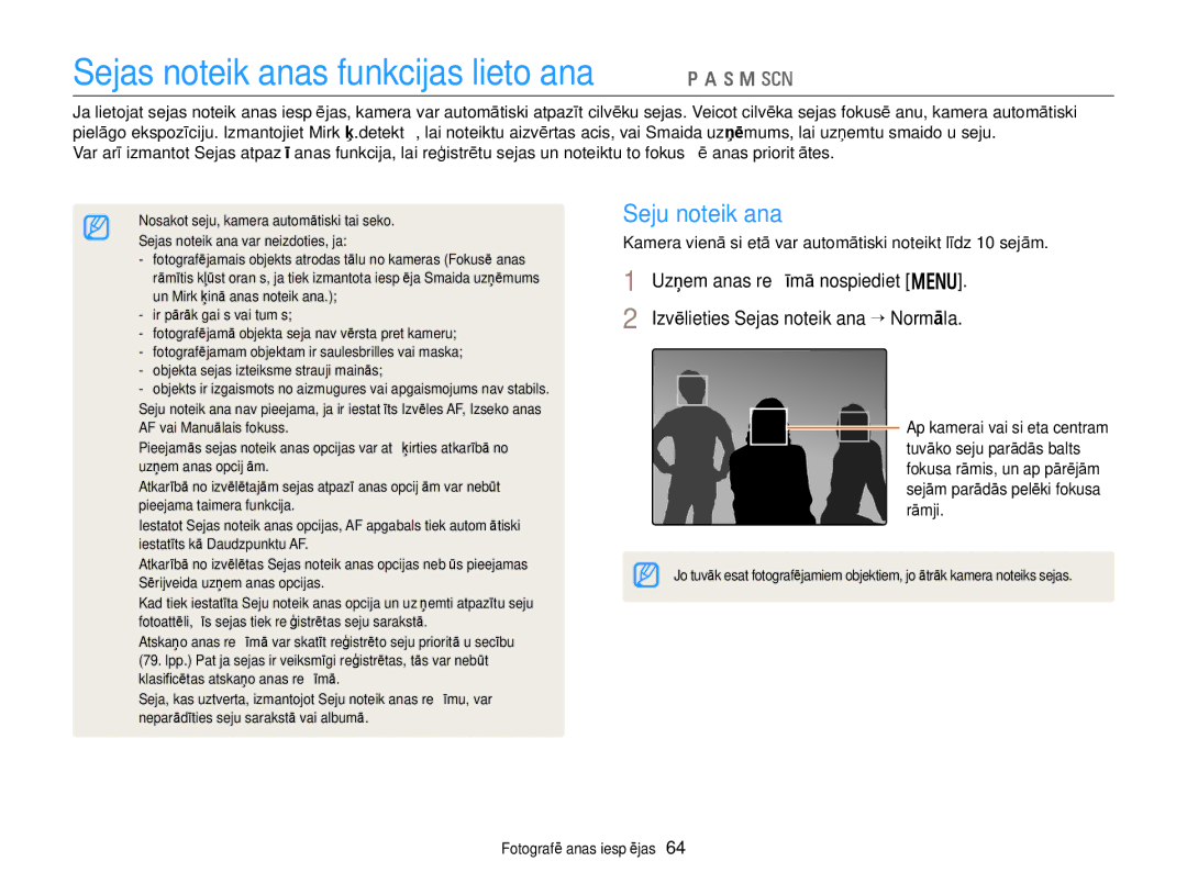 Samsung EC-WB150FBPWE2, EC-WB150FBPBE2, EC-WB150FBPRE2 Sejas noteikšanas funkcijas lietošana p a h M s, Seju noteikšana 