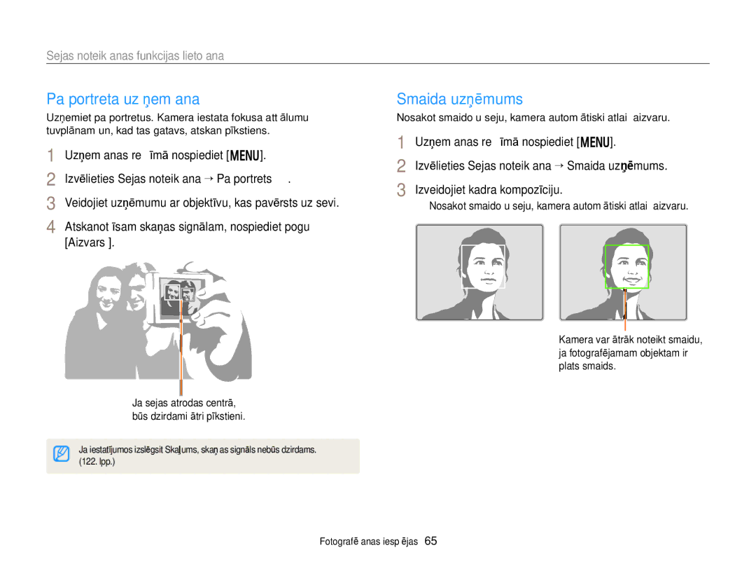 Samsung EC-WB150FBPBE2 manual Pašportreta uzņemšana, Smaida uzņēmums, Sejas noteikšanas funkcijas lietošana, Aizvars 