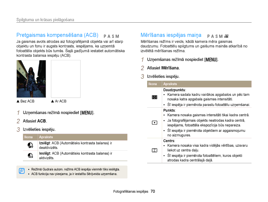 Samsung EC-WB150FBPBE2, EC-WB150FBPWE2 manual Pretgaismas kompensēšana ACB p a h M, Mērīšanas iespējas maiņa p a h M 