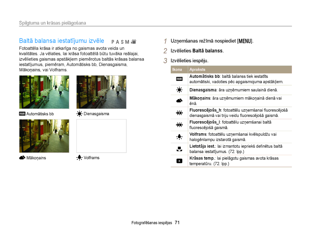 Samsung EC-WB150FBPRE2, EC-WB150FBPWE2, EC-WB150FBPBE2, EC-WB150FBDBE2 manual Baltā balansa iestatījumu izvēle p a h M 