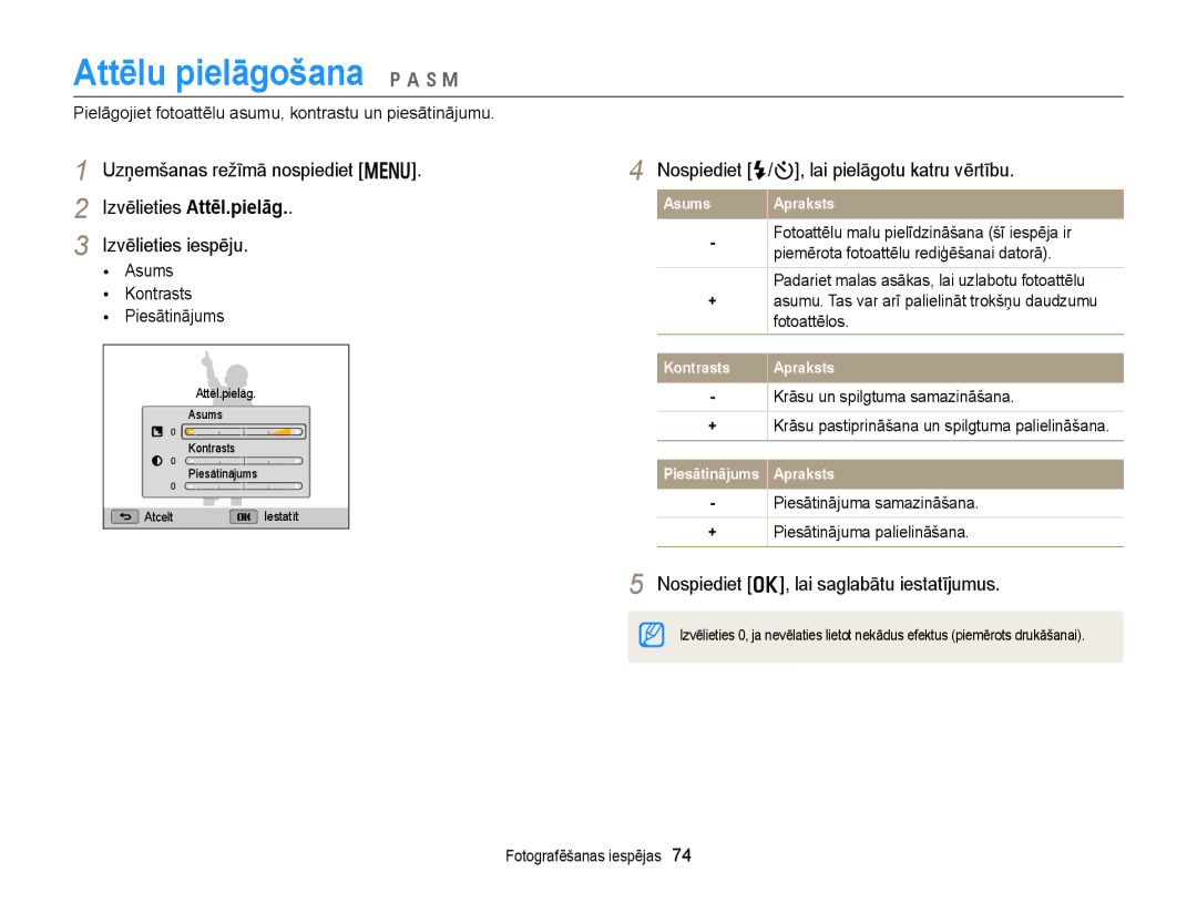 Samsung EC-WB150FBPWE2, EC-WB150FBPBE2 manual Attēlu pielāgošana p a h M, Nospiediet F/t, lai pielāgotu katru vērtību 