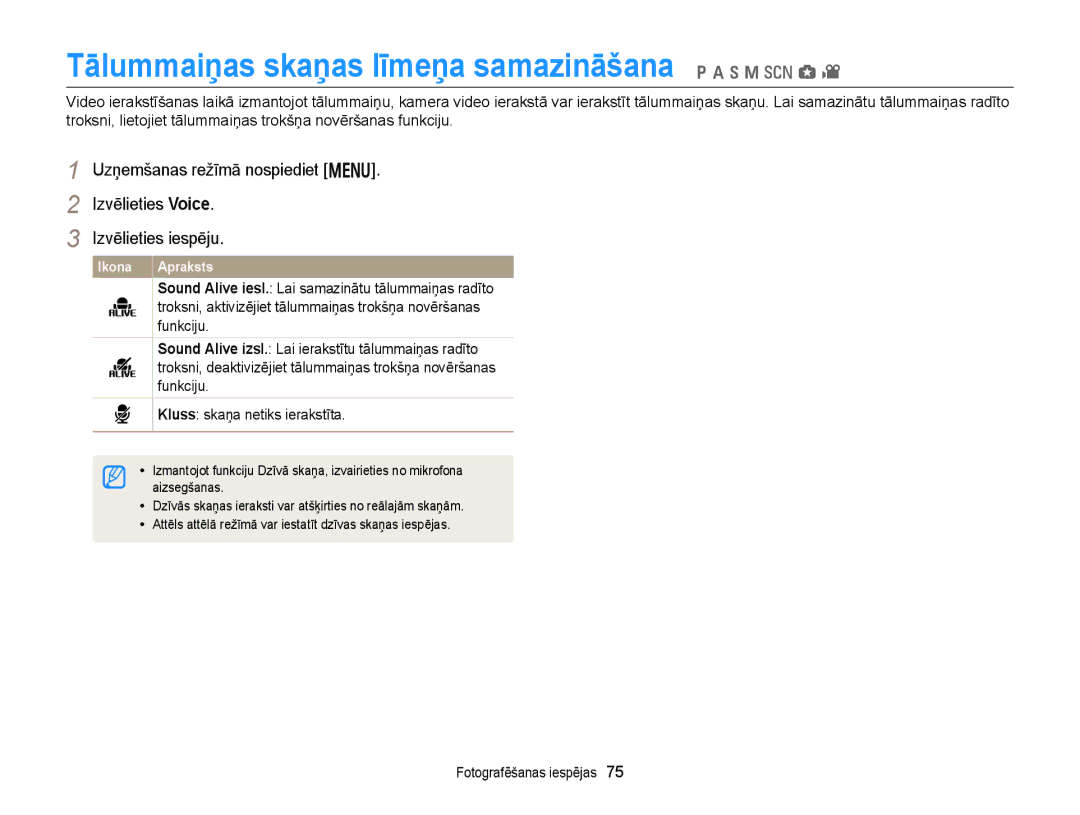 Samsung EC-WB150FBPBE2, EC-WB150FBPWE2, EC-WB150FBPRE2 manual Tālummaiņas skaņas līmeņa samazināšana p a h M s g, Aizsegšanas 