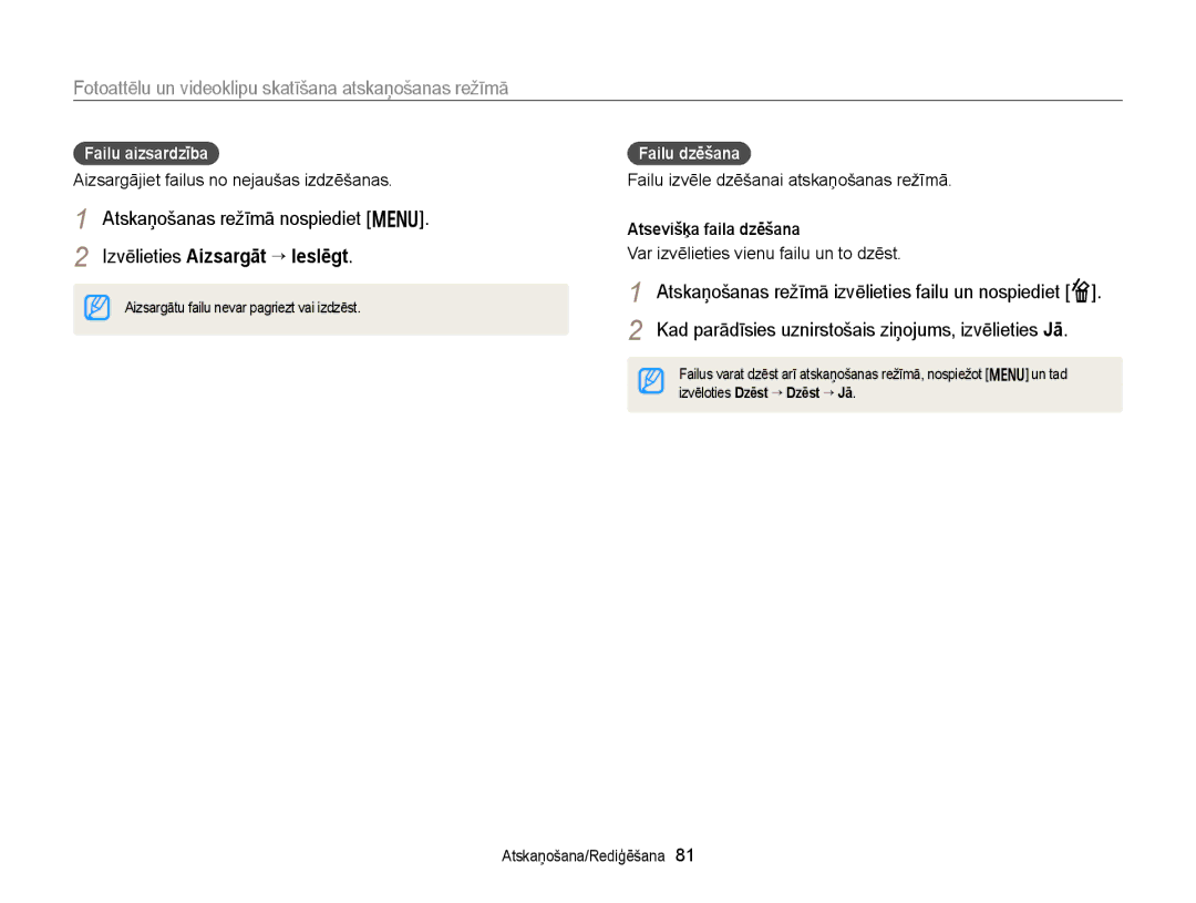 Samsung EC-WB150FBPRE2, EC-WB150FBPWE2 manual Failu aizsardzība, Aizsargājiet failus no nejaušas izdzēšanas, Failu dzēšana 