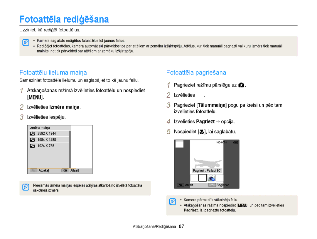 Samsung EC-WB150FBDBE2, EC-WB150FBPWE2 manual Fotoattēla rediģēšana, Fotoattēlu lieluma maiņa, Fotoattēla pagriešana 