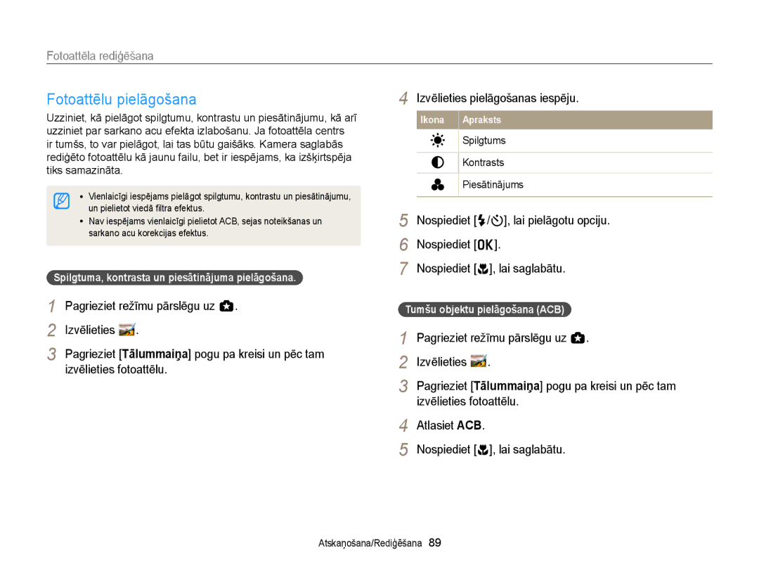 Samsung EC-WB150FBPWE2 Fotoattēlu pielāgošana, Izvēlieties pielāgošanas iespēju, Nospiediet F/t, lai pielāgotu opciju 