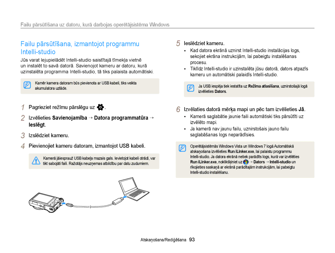 Samsung EC-WB150FBDWE2, EC-WB150FBPWE2, EC-WB150FBPBE2 manual Failu pārsūtīšana, izmantojot programmu Intelli-studio 