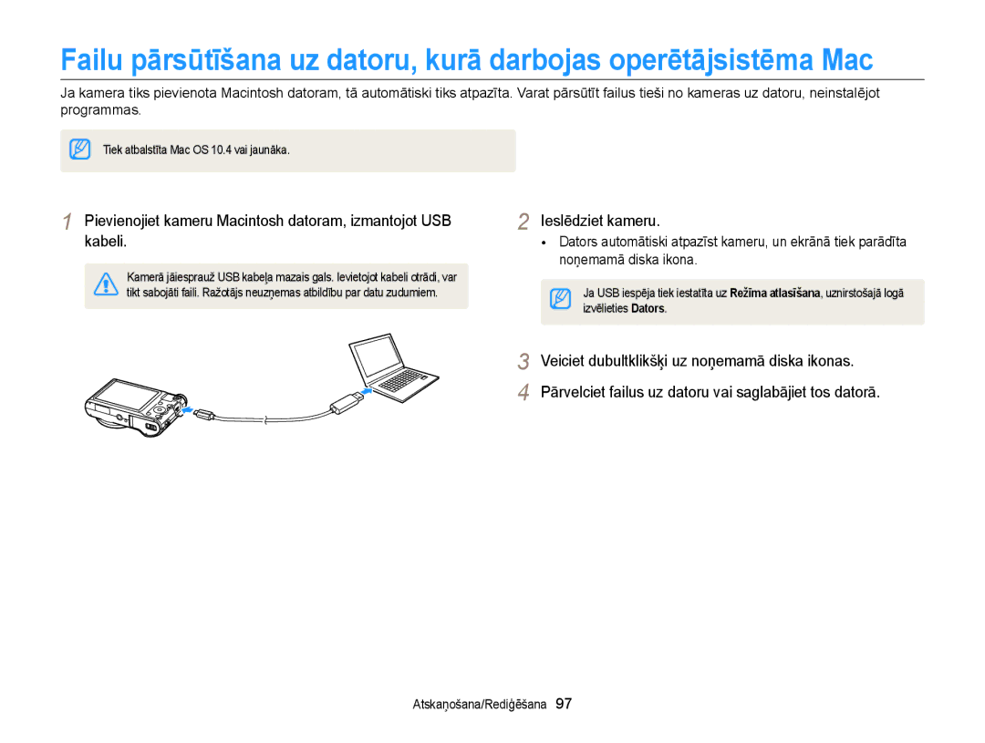 Samsung EC-WB150FBDBE2, EC-WB150FBPWE2, EC-WB150FBPBE2 manual Pievienojiet kameru Macintosh datoram, izmantojot USB kabeli 