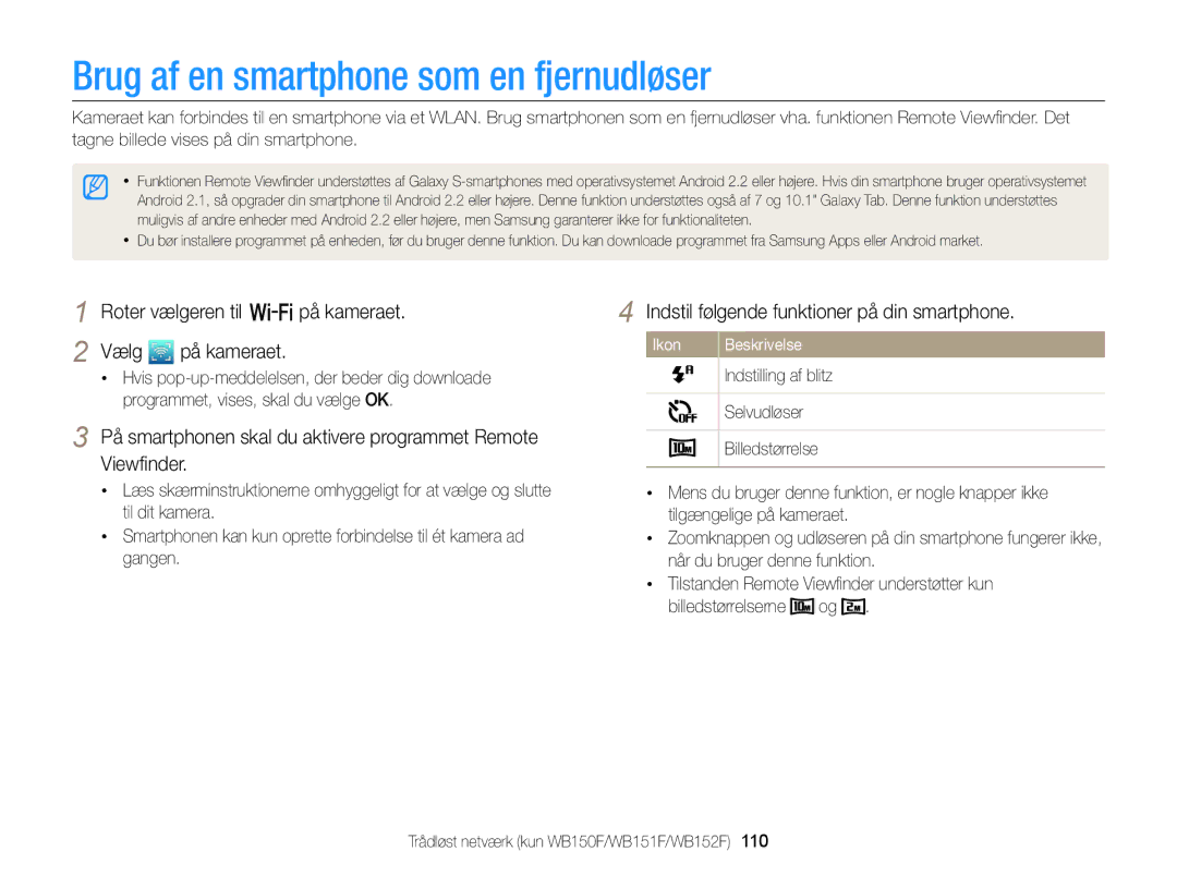 Samsung EC-WB150FBPWE2 manual Brug af en smartphone som en fjernudløser, Indstil følgende funktioner på din smartphone 