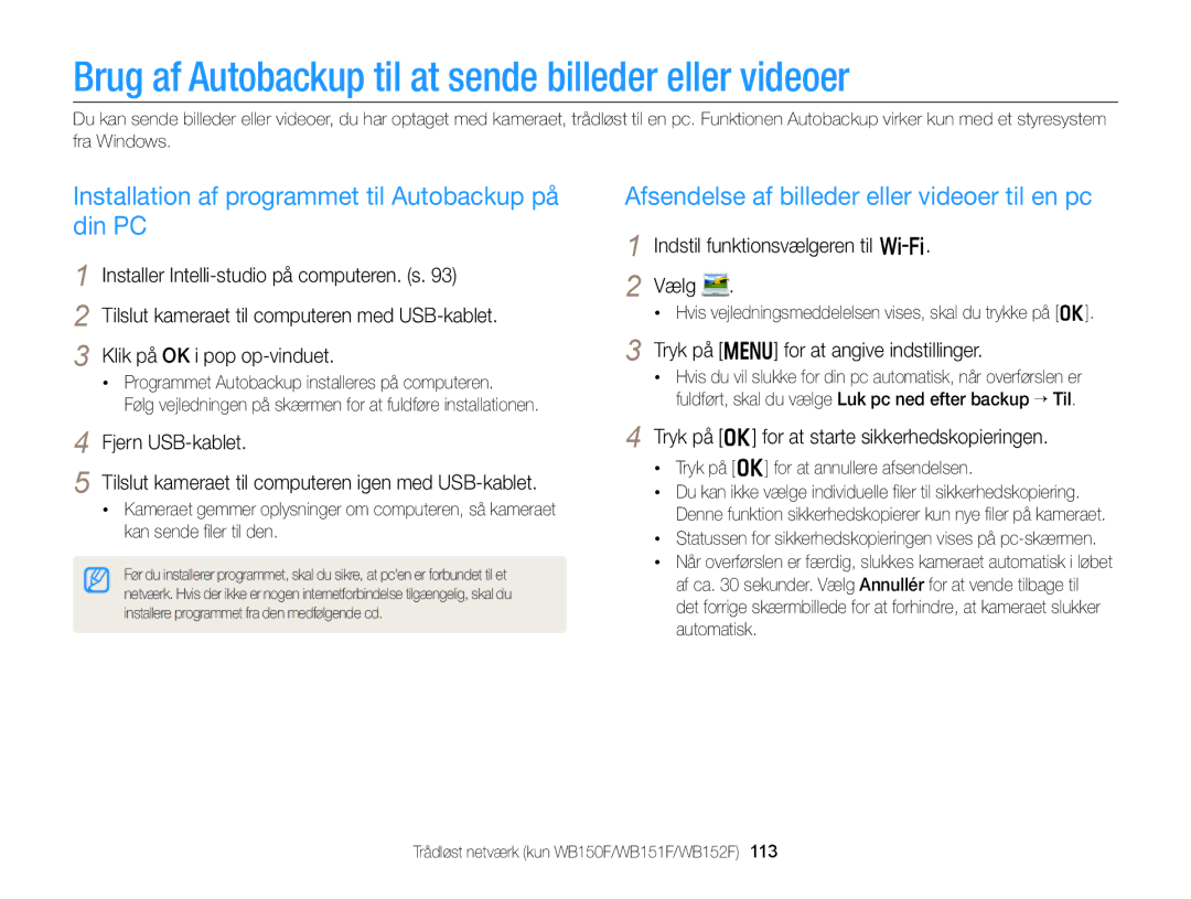 Samsung EC-WB150FBPWE2, EC-WB150FBPBE2, EC-WB150FBPRE2 manual Brug af Autobackup til at sende billeder eller videoer 