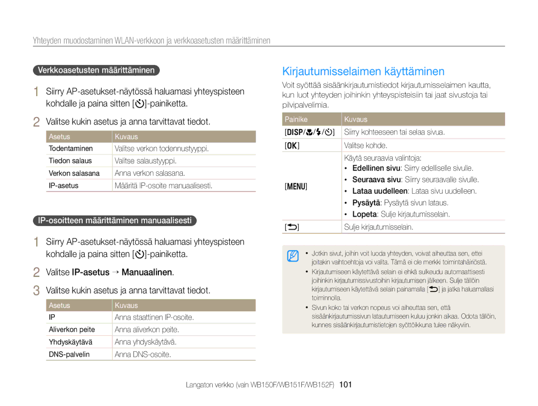 Samsung EC-WB150FBPWE2 manual Kirjautumisselaimen käyttäminen, Valitse kukin asetus ja anna tarvittavat tiedot, Painike 