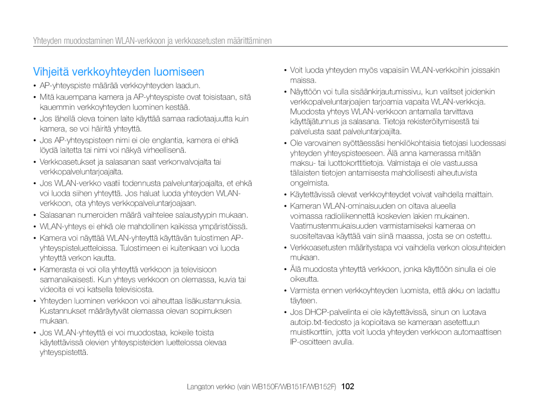 Samsung EC-WB150FBPBE2, EC-WB150FBPWE2, EC-WB150FBPRE2 manual Vihjeitä verkkoyhteyden luomiseen 