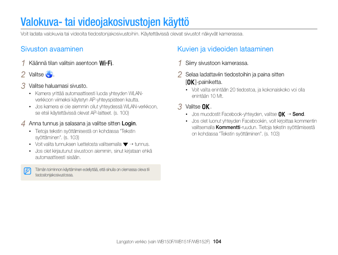 Samsung EC-WB150FBPWE2 manual Valokuva- tai videojakosivustojen käyttö, Sivuston avaaminen, Kuvien ja videoiden lataaminen 