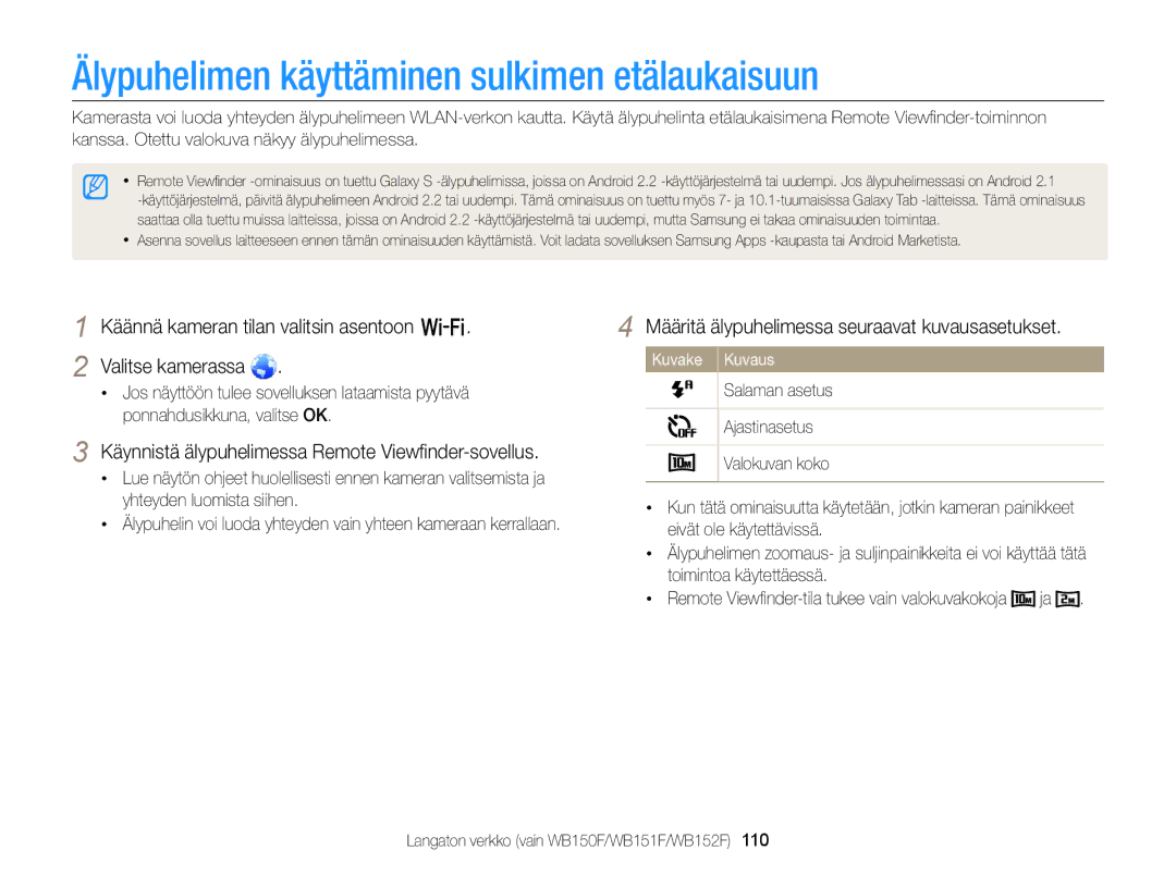 Samsung EC-WB150FBPWE2 Älypuhelimen käyttäminen sulkimen etälaukaisuun, Käynnistä älypuhelimessa Remote Viewﬁnder-sovellus 