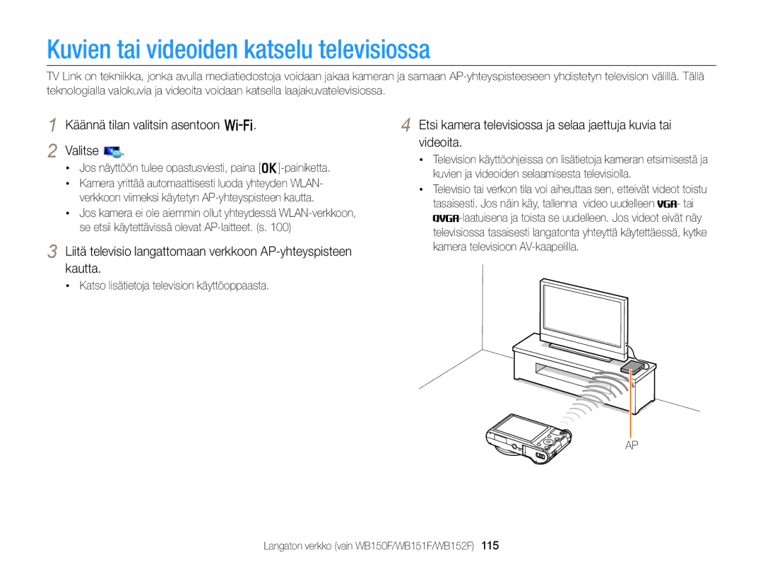 Samsung EC-WB150FBPRE2 manual Kuvien tai videoiden katselu televisiossa, Katso lisätietoja television käyttöoppaasta 