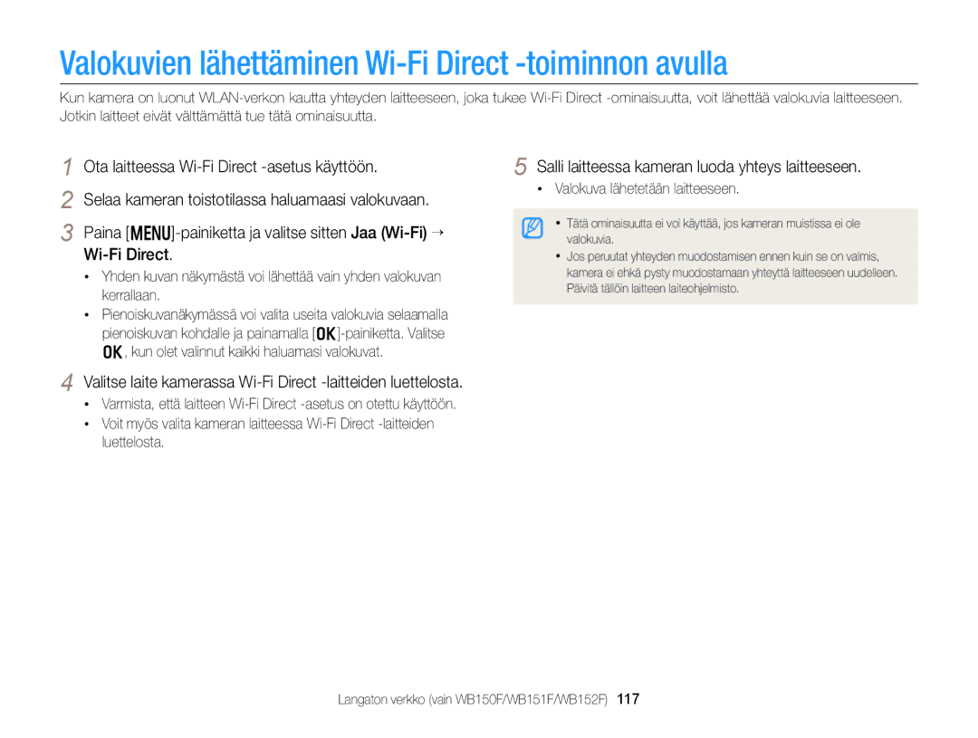 Samsung EC-WB150FBPBE2 manual Valokuvien lähettäminen Wi-Fi Direct -toiminnon avulla, Valokuva lähetetään laitteeseen 