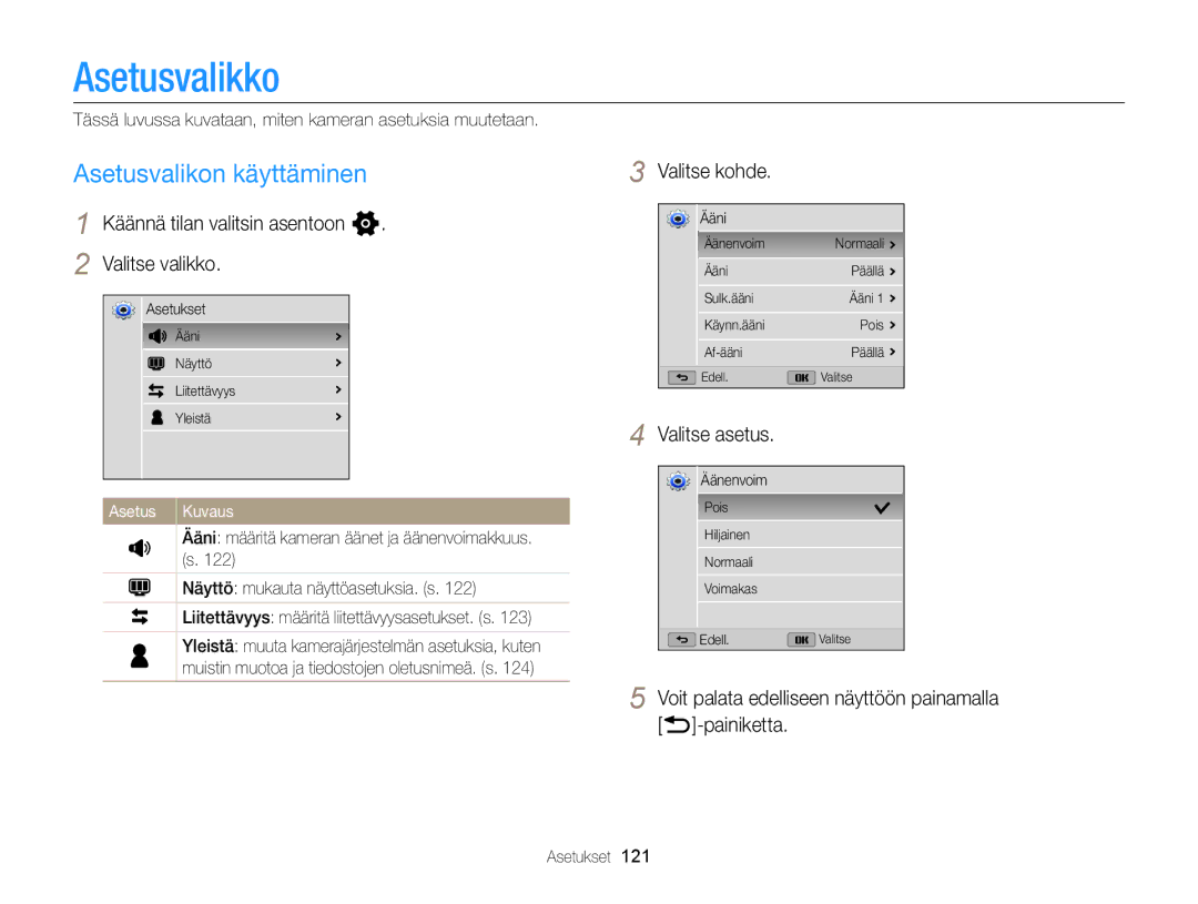 Samsung EC-WB150FBPRE2 manual Asetusvalikko, Asetusvalikon käyttäminen, Käännä tilan valitsin asentoon n Valitse valikko 