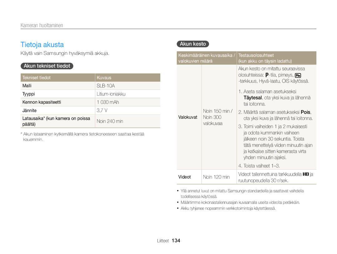 Samsung EC-WB150FBPWE2, EC-WB150FBPBE2 manual Tietoja akusta, Akun tekniset tiedot, Akun kesto, Tekniset tiedot Kuvaus 