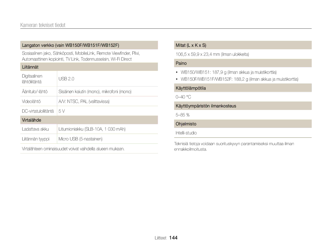 Samsung EC-WB150FBPBE2, EC-WB150FBPWE2, EC-WB150FBPRE2 manual DC-virtatuloliitäntä 