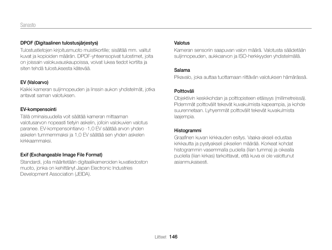 Samsung EC-WB150FBPWE2, EC-WB150FBPBE2, EC-WB150FBPRE2 manual Sanasto 