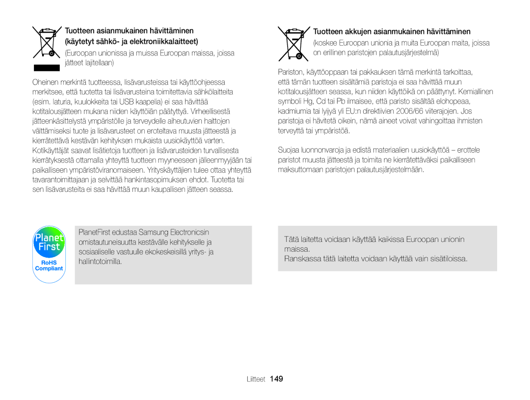 Samsung EC-WB150FBPWE2, EC-WB150FBPBE2, EC-WB150FBPRE2 manual Tuotteen akkujen asianmukainen hävittäminen 