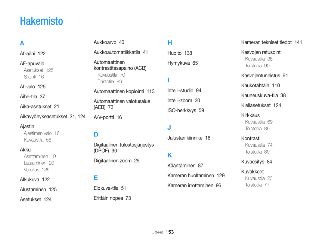 Samsung EC-WB150FBPBE2, EC-WB150FBPWE2, EC-WB150FBPRE2 manual Hakemisto 