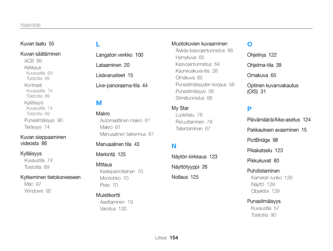 Samsung EC-WB150FBPRE2, EC-WB150FBPWE2, EC-WB150FBPBE2 manual Hakemisto 